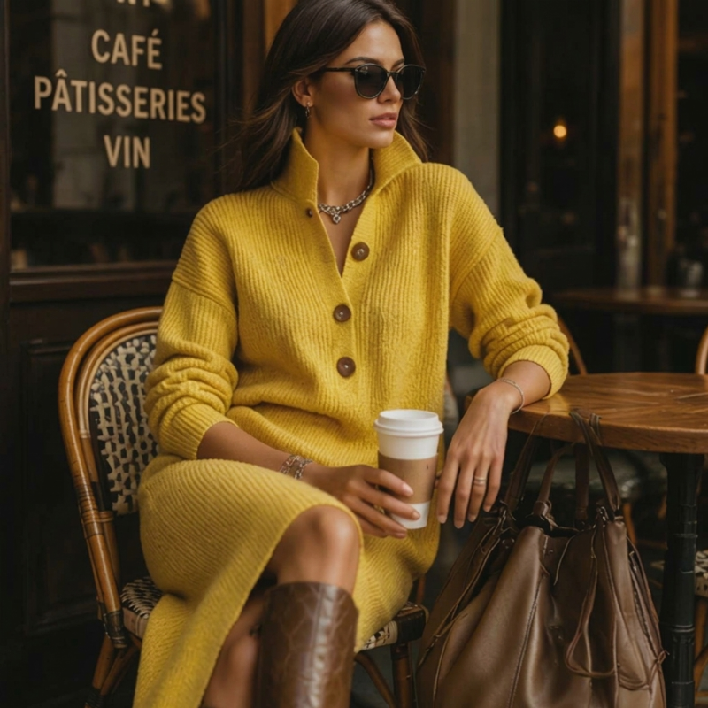 Robe pull en maille côtelée à col rabattant pour femme