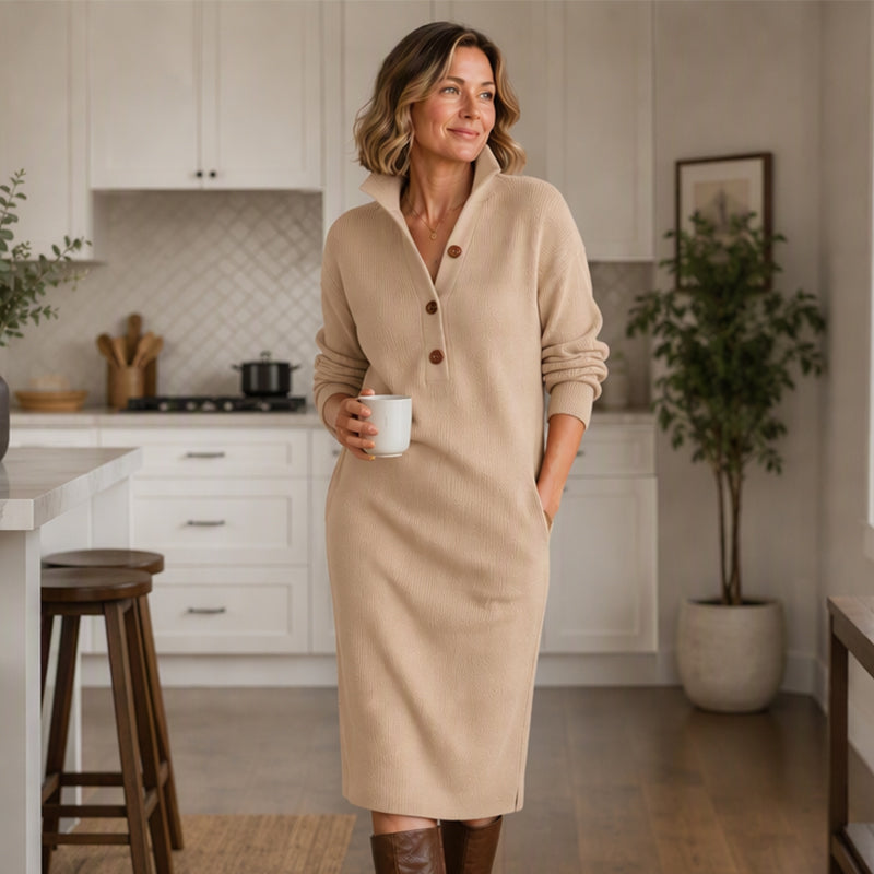 Robe pull en maille côtelée à col rabattant pour femme