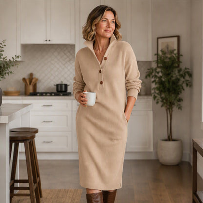 Robe pull en maille côtelée à col rabattant pour femme