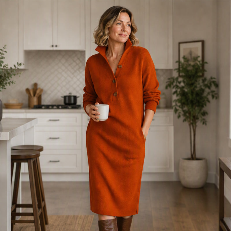 Robe pull en maille côtelée à col rabattant pour femme