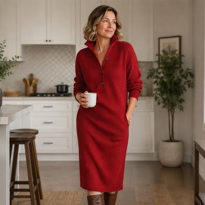 Robe pull en maille côtelée à col rabattant pour femme