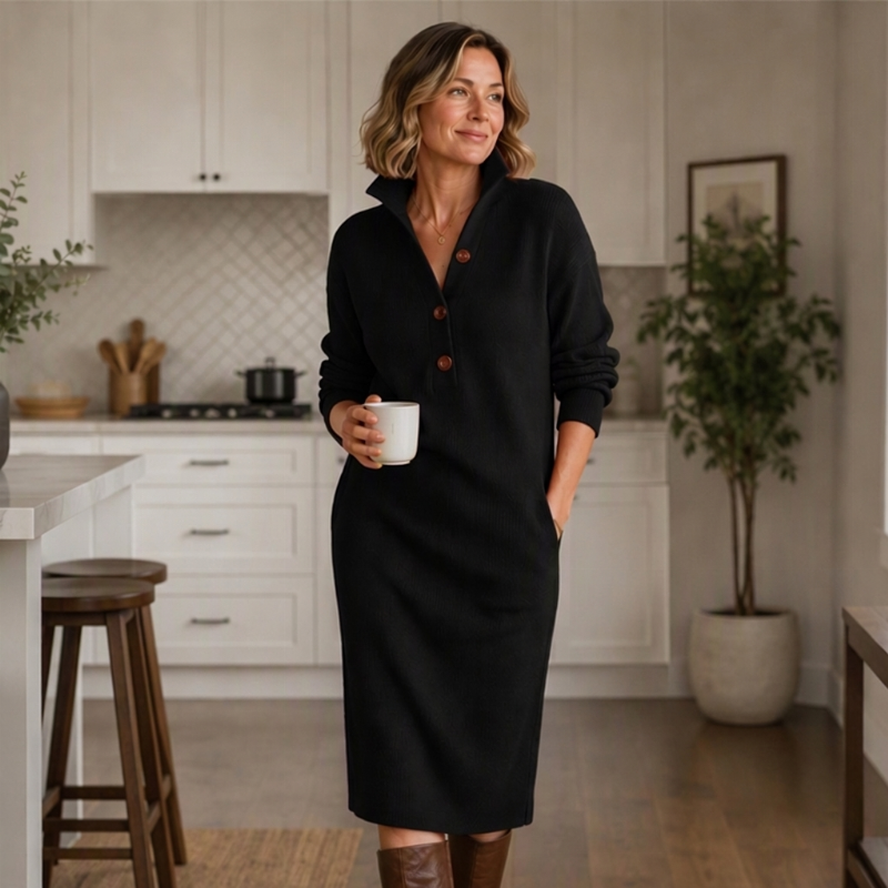 Robe pull en maille côtelée à col rabattant pour femme