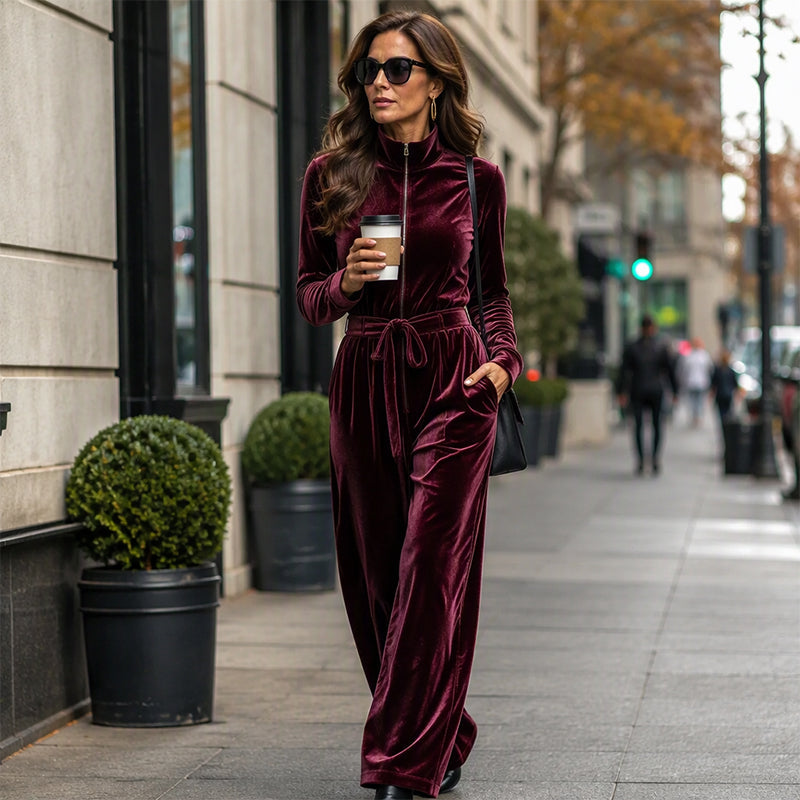 Combinaison en velours chic à col montant pour femme