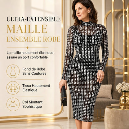 Ensemble robe 2 pièces pour femme, composé d'une robe midi moulante à manches longues en maille filet avec imprimé à motif de chaînes et d'une robe slips intérieure