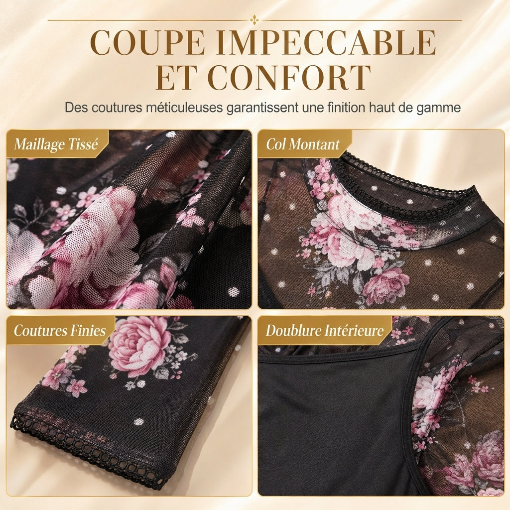 Ensemble robe 2 pièces pour femme, composé d'une robe midi moulante à manches longues en maille filet avec imprimé à motif de chaînes et d'une robe slips intérieure