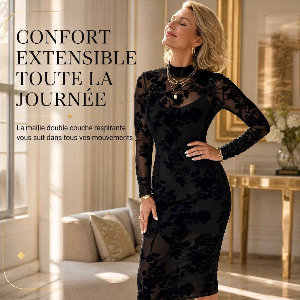 Ensemble robe 2 pièces pour femme, composé d'une robe midi moulante à manches longues en maille filet avec imprimé à motif de chaînes et d'une robe slips intérieure