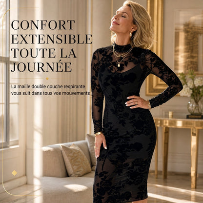 Ensemble robe 2 pièces pour femme, composé d'une robe midi moulante à manches longues en maille filet avec imprimé à motif de chaînes et d'une robe slips intérieure