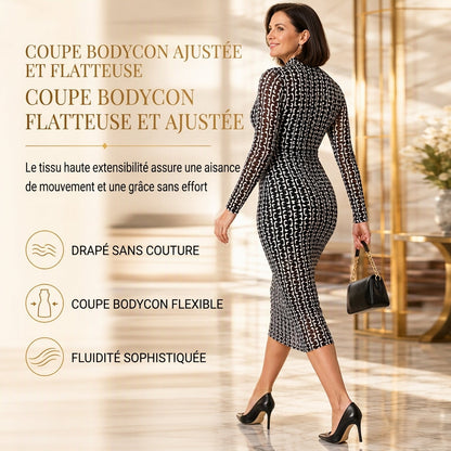 Ensemble robe 2 pièces pour femme, composé d'une robe midi moulante à manches longues en maille filet avec imprimé à motif de chaînes et d'une robe slips intérieure