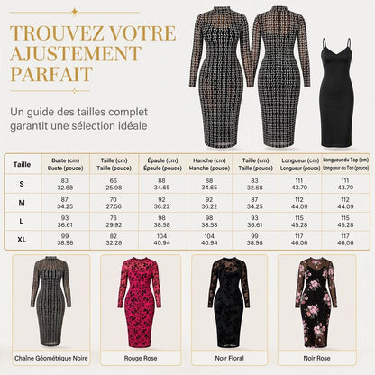 Ensemble robe 2 pièces pour femme, composé d'une robe midi moulante à manches longues en maille filet avec imprimé à motif de chaînes et d'une robe slips intérieure