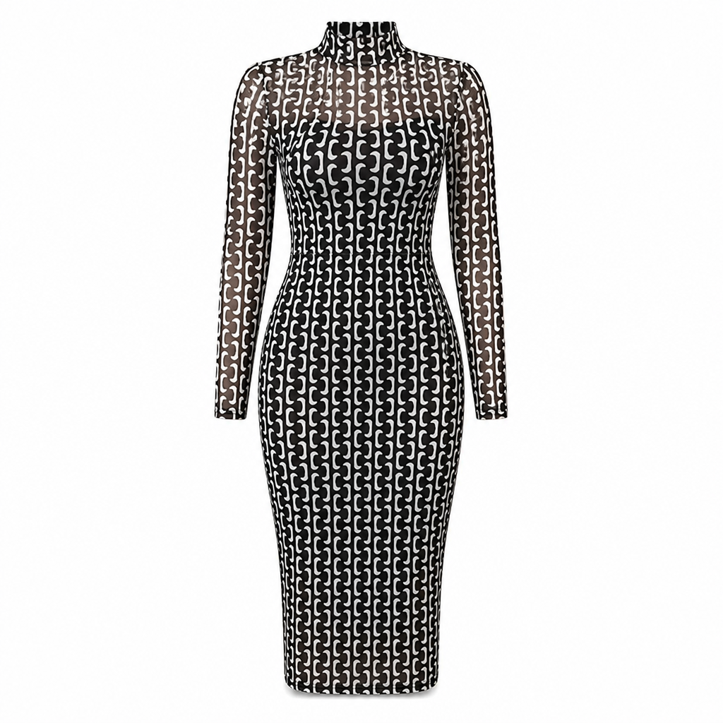 Ensemble robe 2 pièces pour femme, composé d'une robe midi moulante à manches longues en maille filet avec imprimé à motif de chaînes et d'une robe slips intérieure