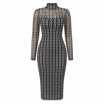 Ensemble robe 2 pièces pour femme, composé d'une robe midi moulante à manches longues en maille filet avec imprimé à motif de chaînes et d'une robe slips intérieure
