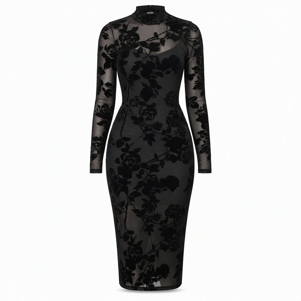 Ensemble robe 2 pièces pour femme, composé d'une robe midi moulante à manches longues en maille filet avec imprimé à motif de chaînes et d'une robe slips intérieure
