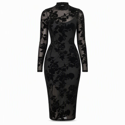 Ensemble robe 2 pièces pour femme, composé d'une robe midi moulante à manches longues en maille filet avec imprimé à motif de chaînes et d'une robe slips intérieure