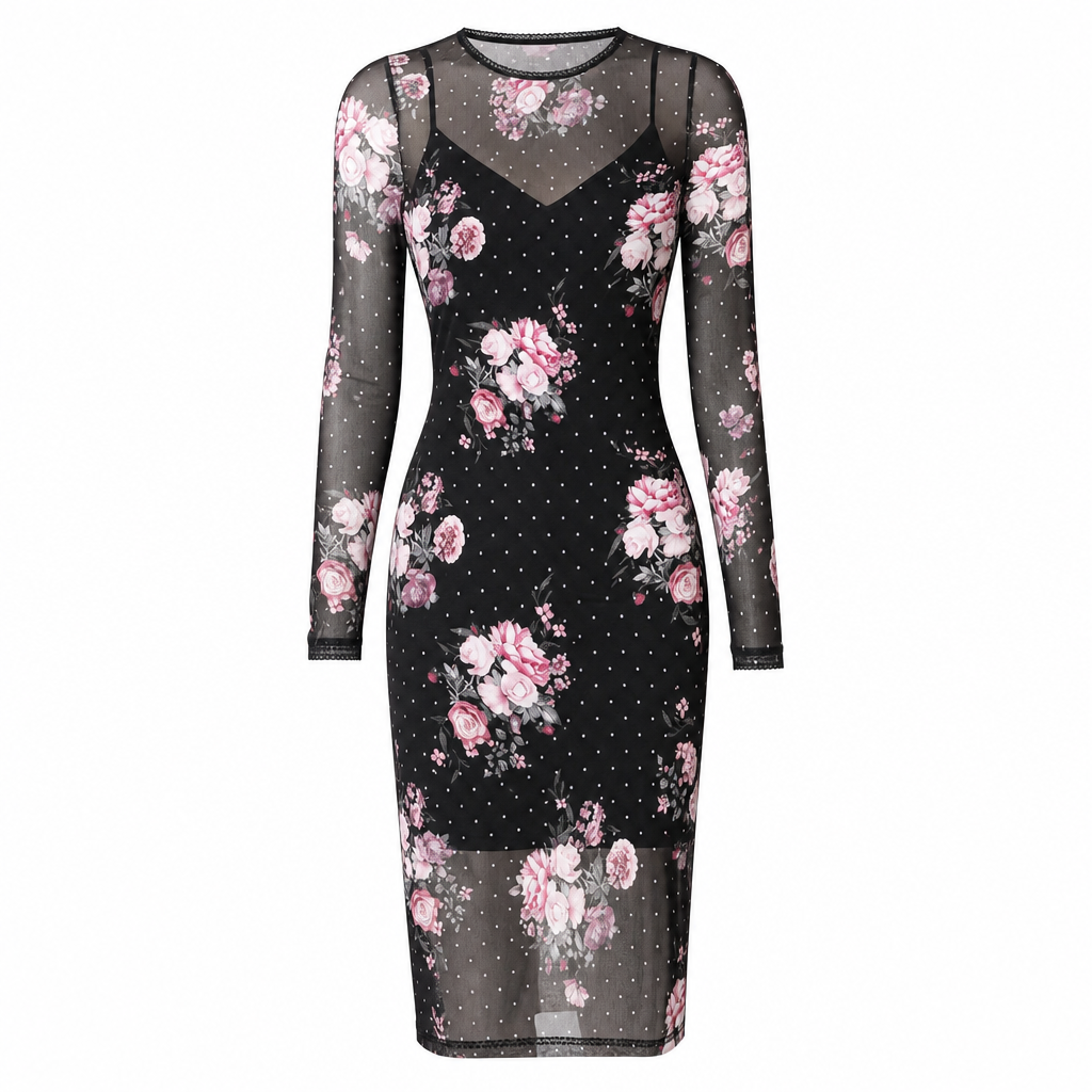 Ensemble robe 2 pièces pour femme, composé d'une robe midi moulante à manches longues en maille filet avec imprimé à motif de chaînes et d'une robe slips intérieure