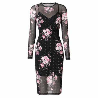 Ensemble robe 2 pièces pour femme, composé d'une robe midi moulante à manches longues en maille filet avec imprimé à motif de chaînes et d'une robe slips intérieure