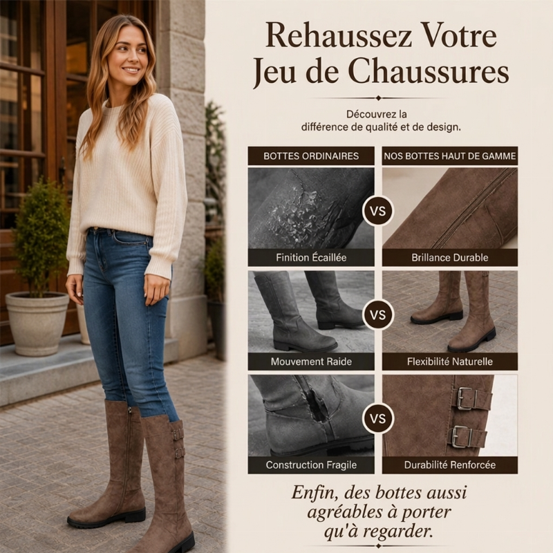 Bottes cavalières hautes aux genoux à bout rond pour femme