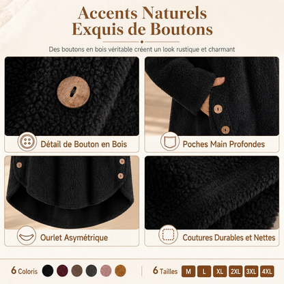 Manteau en peluche doublée polaire asymétrique à boutons, unis pour femme, hiver