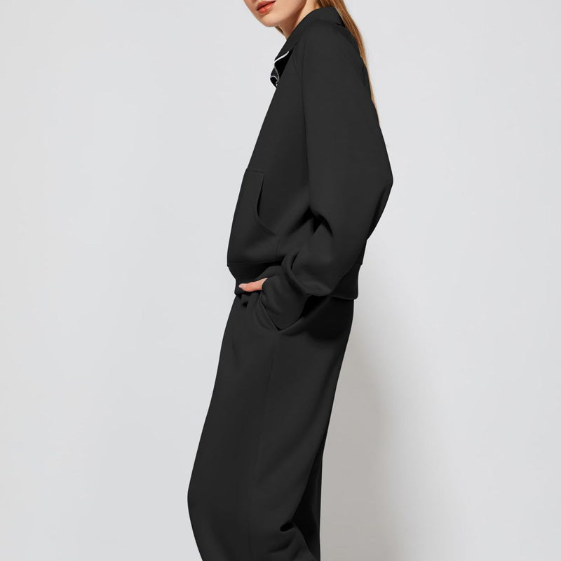 Ensemble Pull-over Zippé à Col Montant et Pantalon à Jambes Larges pour Femme
