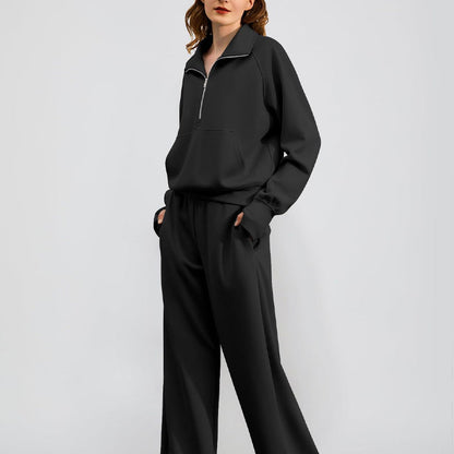 Ensemble Pull-over Zippé à Col Montant et Pantalon à Jambes Larges pour Femme