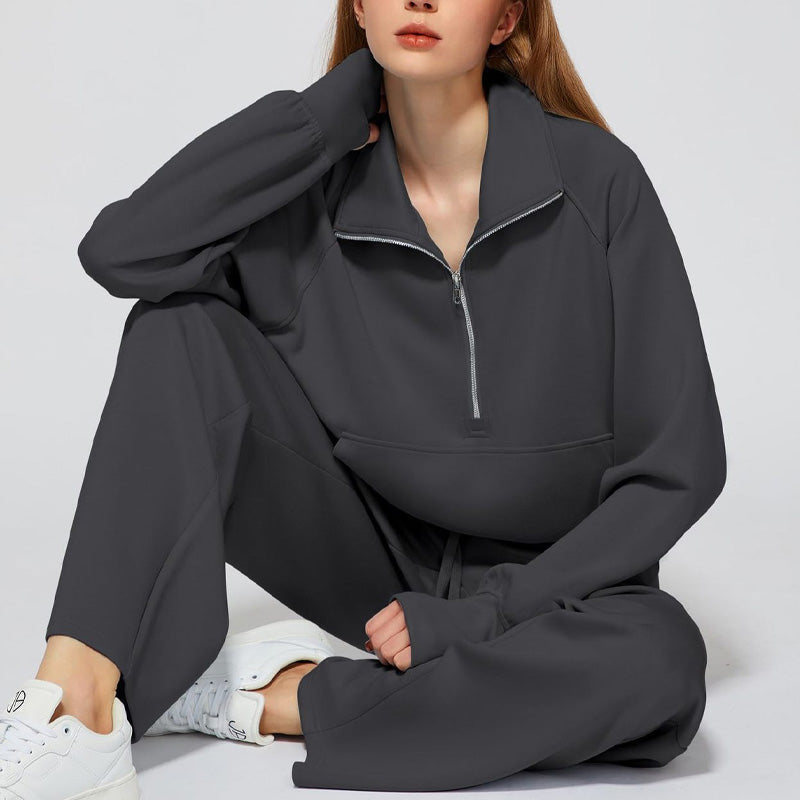 Ensemble Pull-over Zippé à Col Montant et Pantalon à Jambes Larges pour Femme
