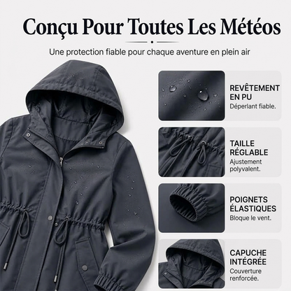 Veste coupe-vent à capuche mi-longue pour femme