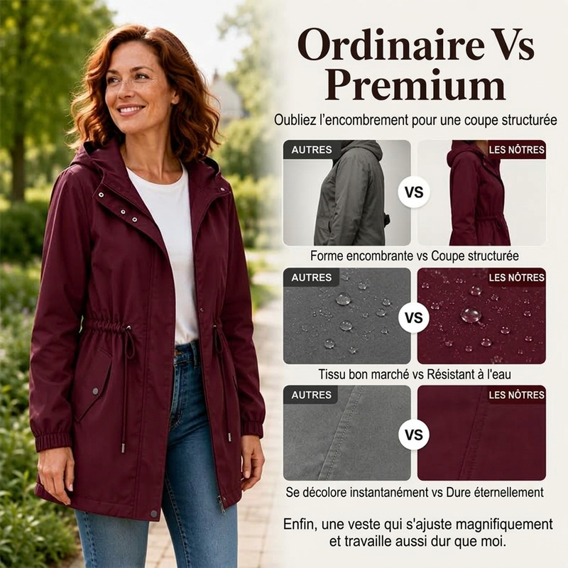 Veste coupe-vent à capuche mi-longue pour femme