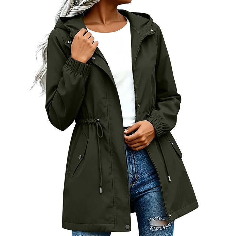 Veste coupe-vent à capuche mi-longue pour femme