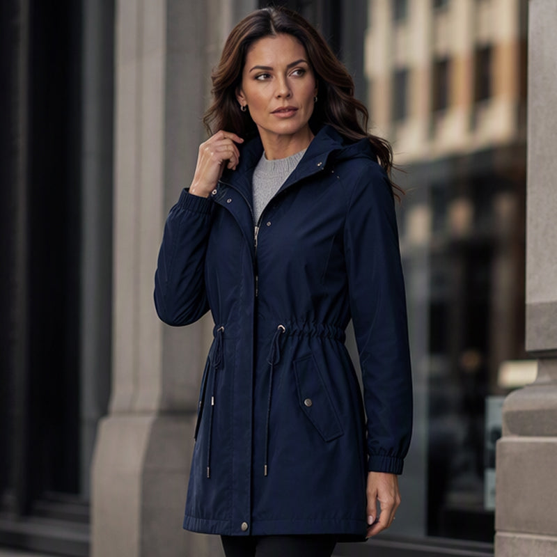 Veste coupe-vent à capuche mi-longue pour femme