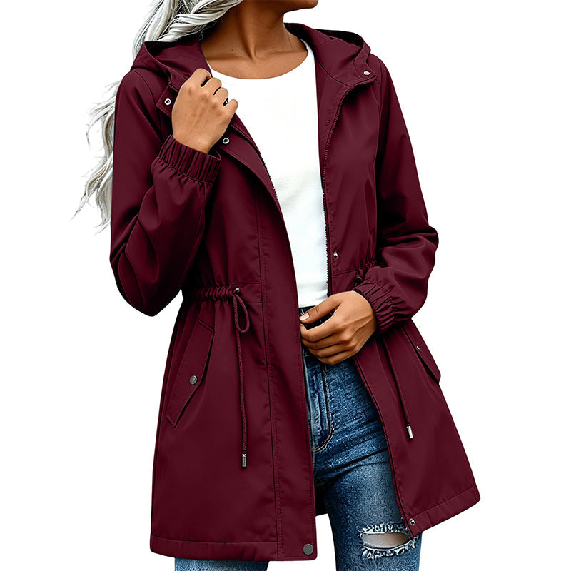 Veste coupe-vent à capuche mi-longue pour femme
