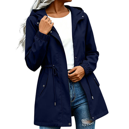 Veste coupe-vent à capuche mi-longue pour femme