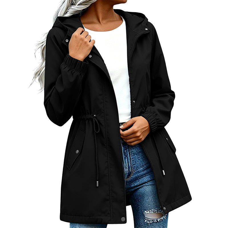 Veste coupe-vent à capuche mi-longue pour femme