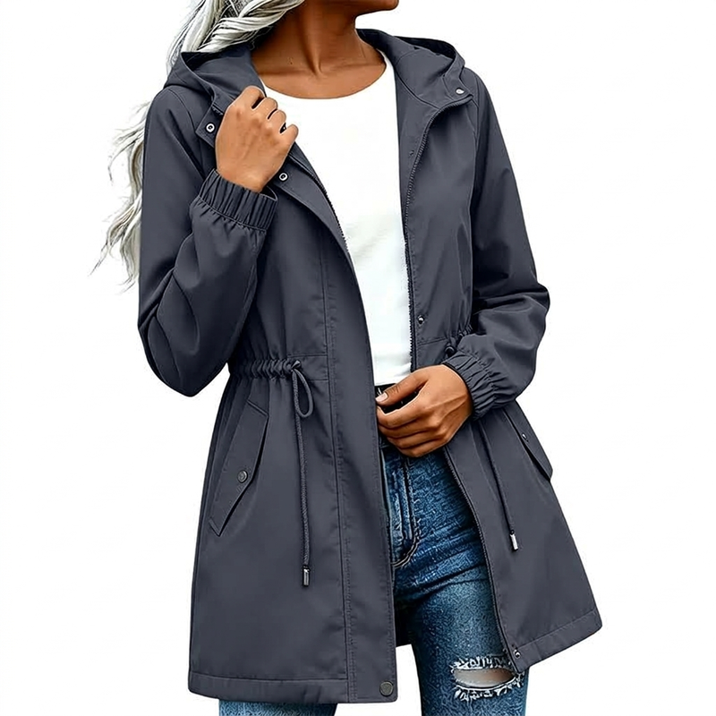 Veste coupe-vent à capuche mi-longue pour femme