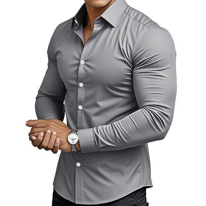 Chemise Boutonnée à Manches Longues à Col Revers de Couleur Unie pour Homme
