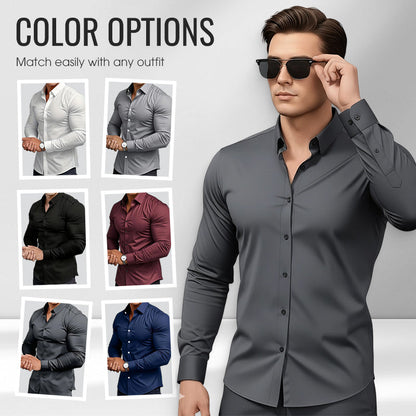 Chemise Boutonnée à Manches Longues à Col Revers de Couleur Unie pour Homme