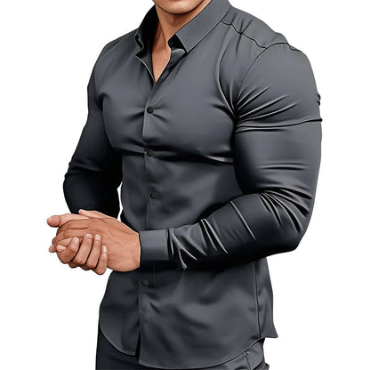 Chemise Boutonnée à Manches Longues à Col Revers de Couleur Unie pour Homme