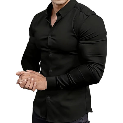 Chemise Boutonnée à Manches Longues à Col Revers de Couleur Unie pour Homme