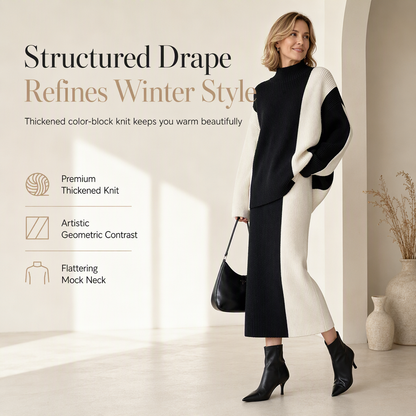 👜 -50 % sur toute la mode femme ! ✨ Ensemble 2 pièces en tricot épais pour femme - Pull et jupe bicolores automne-hiver