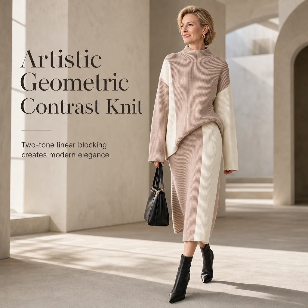 👜 -50 % sur toute la mode femme ! ✨ Ensemble 2 pièces en tricot épais pour femme - Pull et jupe bicolores automne-hiver