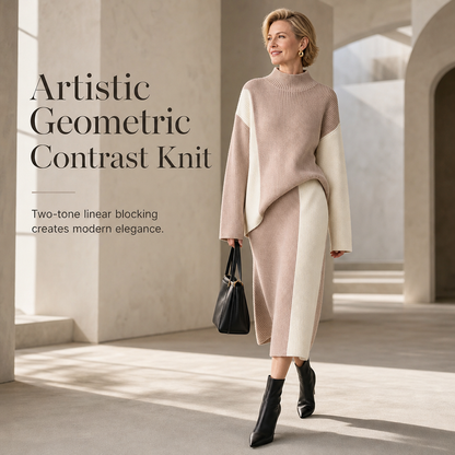 👜 -50 % sur toute la mode femme ! ✨ Ensemble 2 pièces en tricot épais pour femme - Pull et jupe bicolores automne-hiver