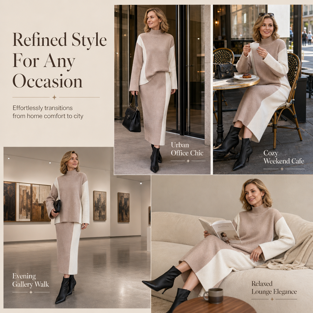 👜 -50 % sur toute la mode femme ! ✨ Ensemble 2 pièces en tricot épais pour femme - Pull et jupe bicolores automne-hiver