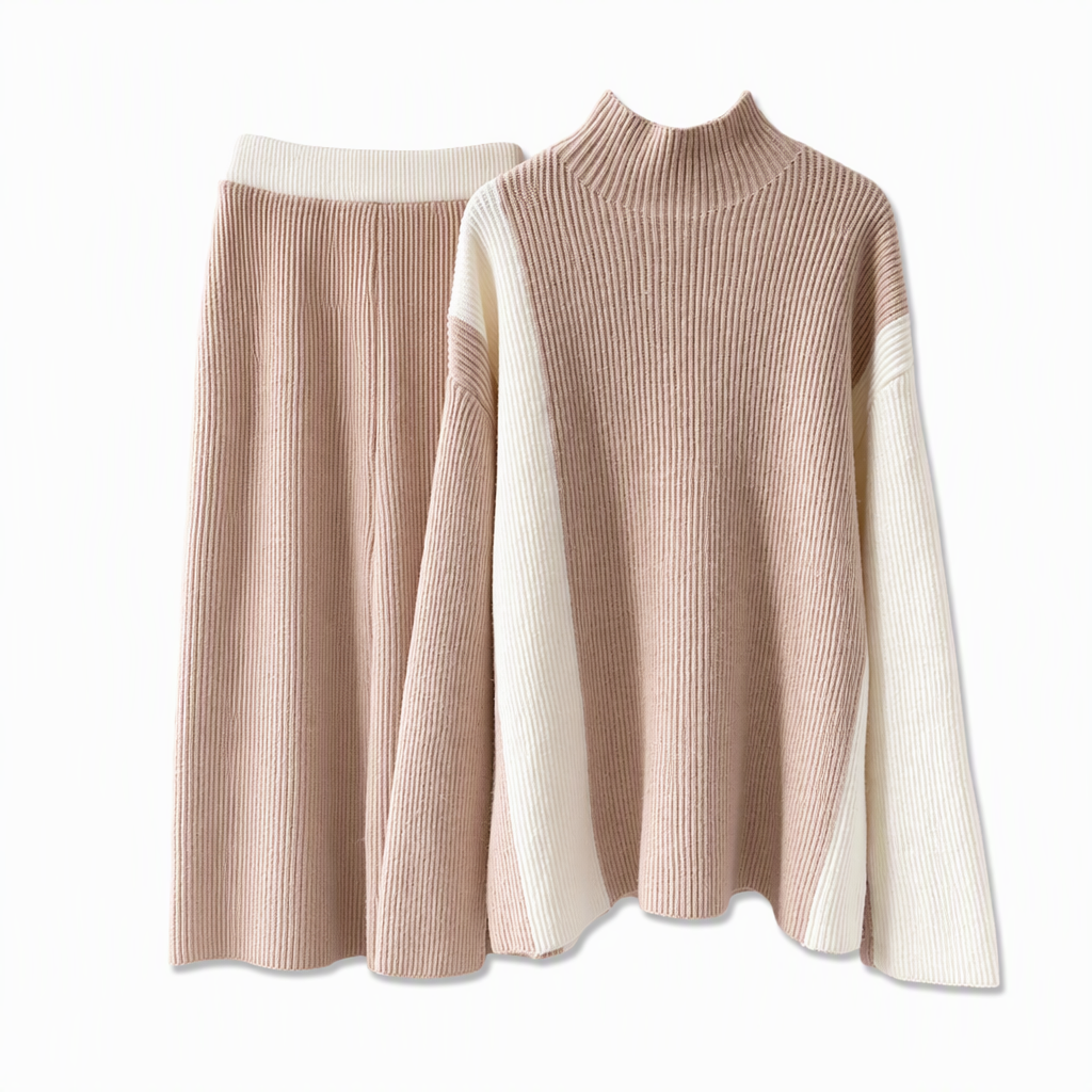👜 -50 % sur toute la mode femme ! ✨ Ensemble 2 pièces en tricot épais pour femme - Pull et jupe bicolores automne-hiver