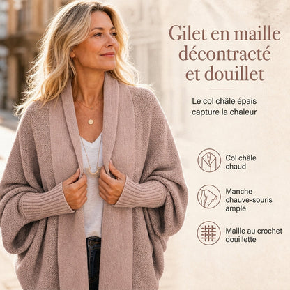 Cardigan en maille femme à manches chauve-souris oversized, avec col châle ouvert, pour l'automne et l'hiver