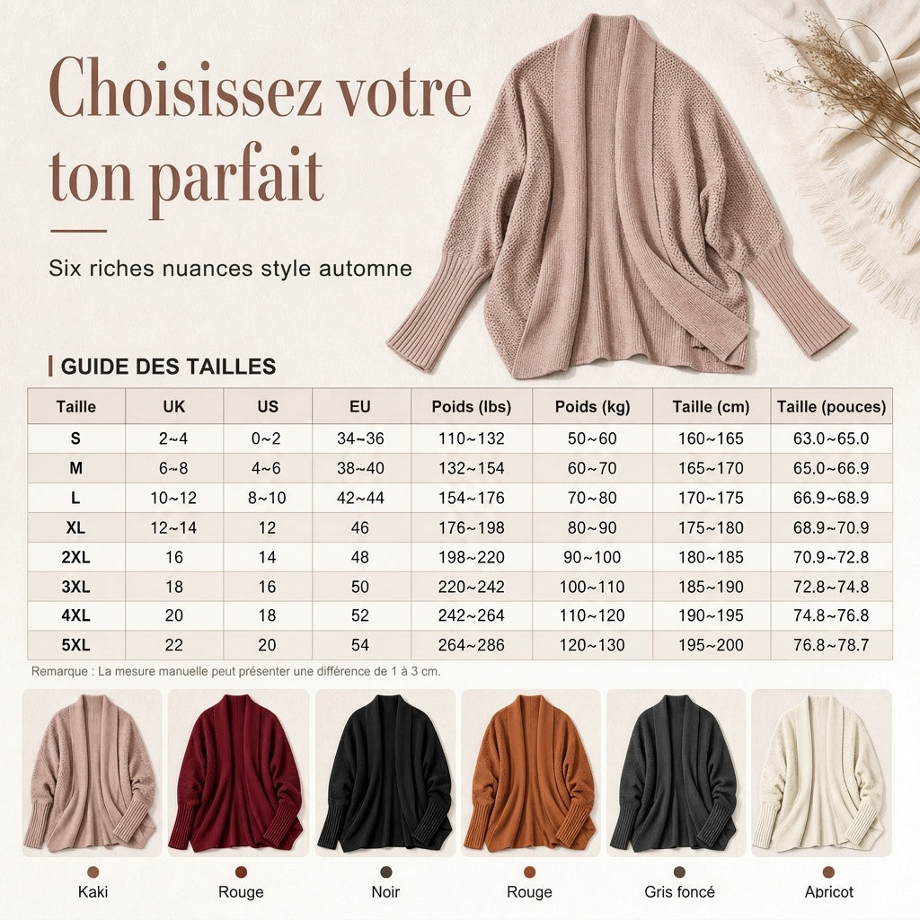 Cardigan en maille femme à manches chauve-souris oversized, avec col châle ouvert, pour l'automne et l'hiver