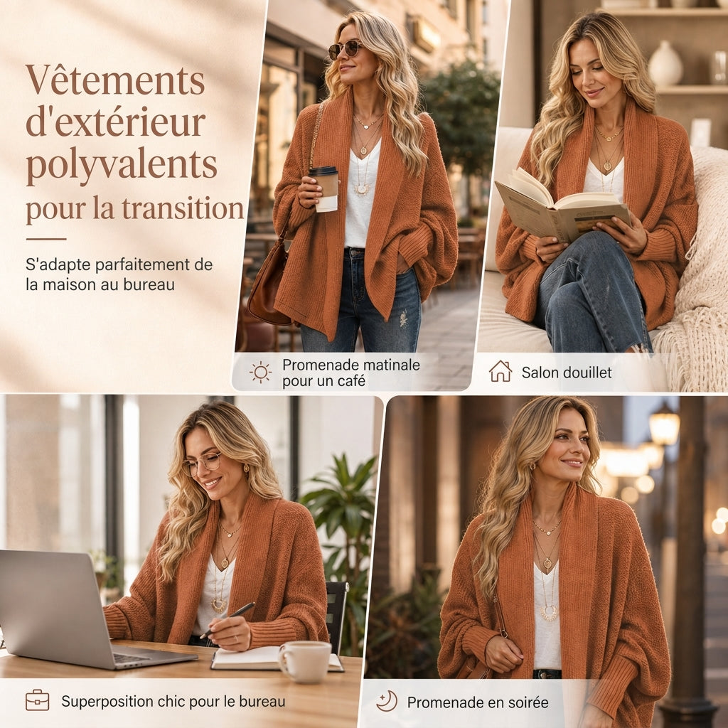Cardigan en maille femme à manches chauve-souris oversized, avec col châle ouvert, pour l'automne et l'hiver