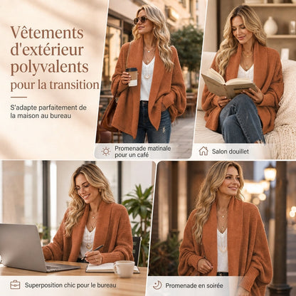 Cardigan en maille femme à manches chauve-souris oversized, avec col châle ouvert, pour l'automne et l'hiver