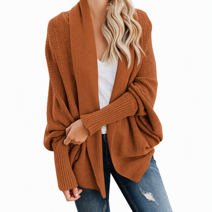 Cardigan en maille femme à manches chauve-souris oversized, avec col châle ouvert, pour l'automne et l'hiver