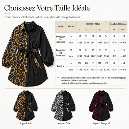 Robe courte chemise à manches longues pour femme, à imprimé léopard, avec patchwork contrasté et ceinture