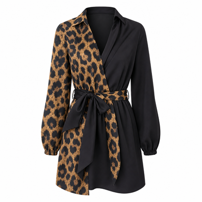 Robe courte chemise à manches longues pour femme, à imprimé léopard, avec patchwork contrasté et ceinture