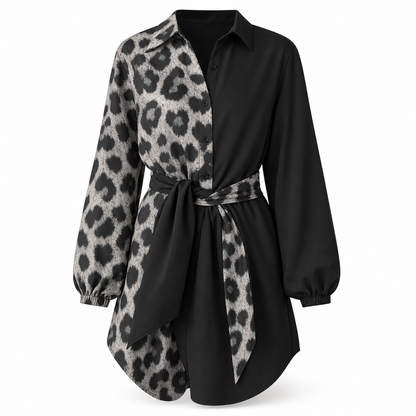Robe courte chemise à manches longues pour femme, à imprimé léopard, avec patchwork contrasté et ceinture