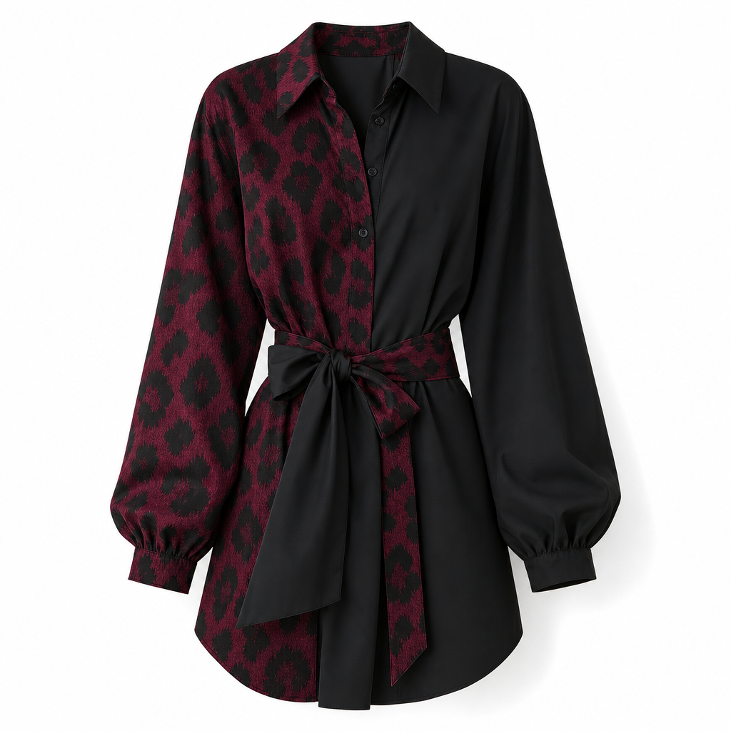 Robe courte chemise à manches longues pour femme, à imprimé léopard, avec patchwork contrasté et ceinture
